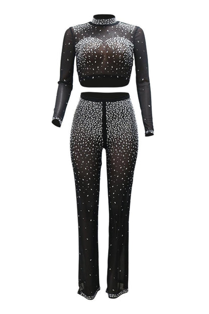 Photo Op Sheer Rhinestone Crop Top and Pants Set