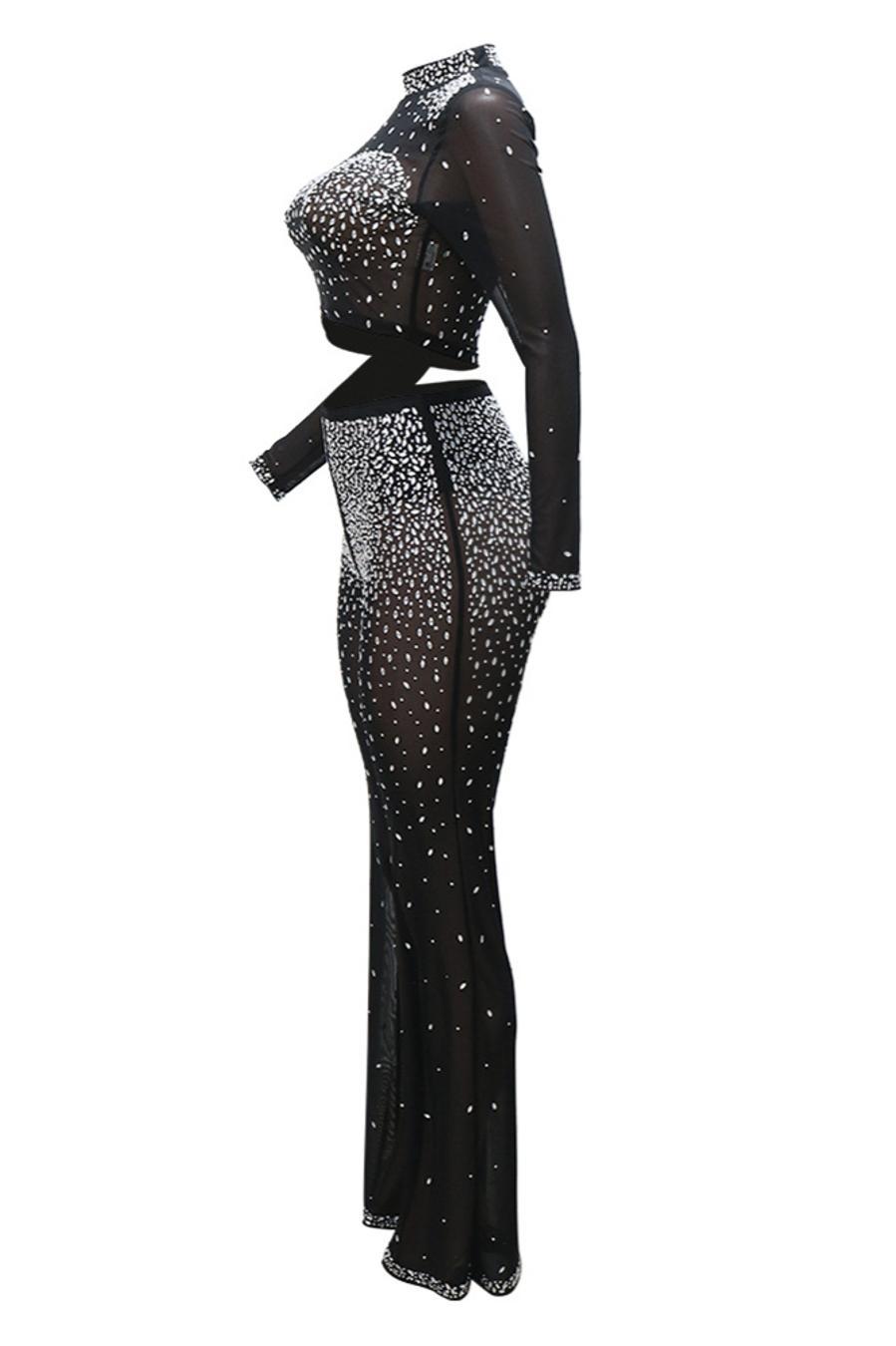 Photo Op Sheer Rhinestone Crop Top and Pants Set