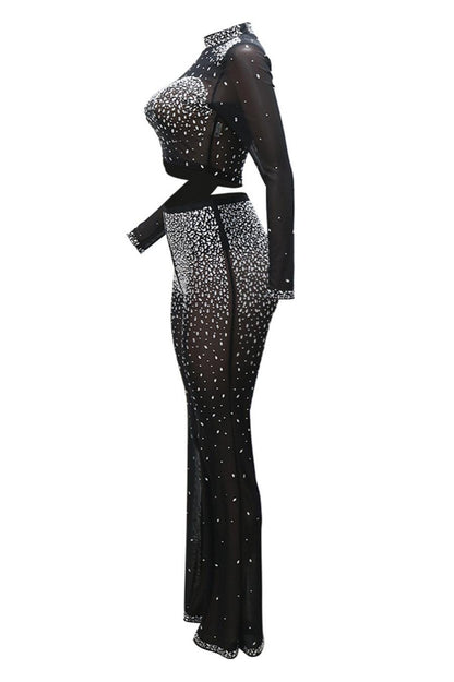 Photo Op Sheer Rhinestone Crop Top and Pants Set