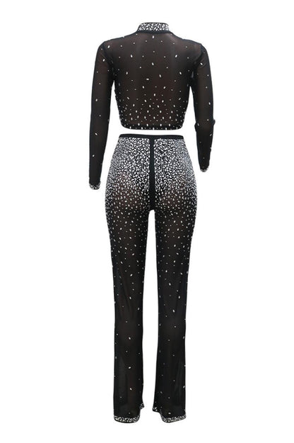 Photo Op Sheer Rhinestone Crop Top and Pants Set