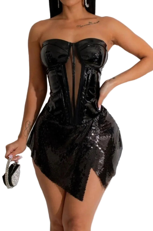 Sequin Decor Tube Top Skater Mini Dress