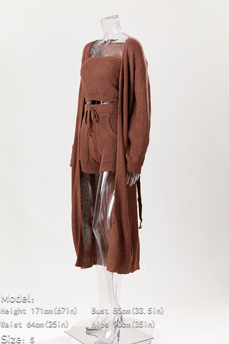 Comfy Knitted Short Set with Belted Cardigan