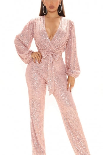 Sparkling Sequin V-Neck Plus Size Jumpsuit with Belt for Festive Occasions
