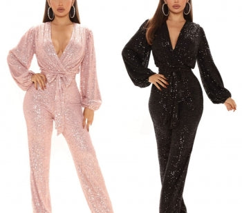 Sparkling Sequin V-Neck Plus Size Jumpsuit with Belt for Festive Occasions