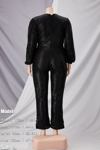 Sparkling Sequin V-Neck Plus Size Jumpsuit with Belt for Festive Occasions