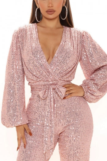 Sparkling Sequin V-Neck Plus Size Jumpsuit with Belt for Festive Occasions