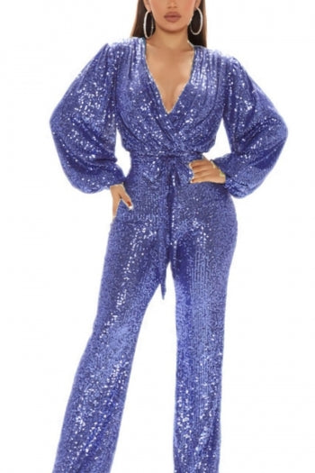 Sparkling Sequin V-Neck Plus Size Jumpsuit with Belt for Festive Occasions