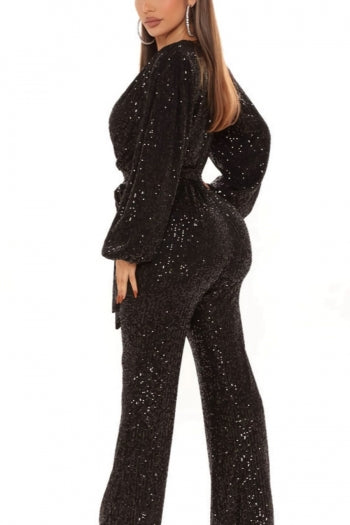 Sparkling Sequin V-Neck Plus Size Jumpsuit with Belt for Festive Occasions