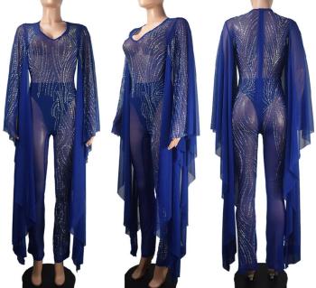 Sparkling Rhinestone V-Neck Jumpsuit: Elegant Stretch Long Sleeve Evening Romper