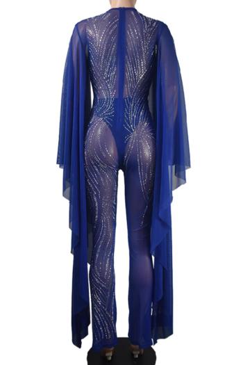 Sparkling Rhinestone V-Neck Jumpsuit: Elegant Stretch Long Sleeve Evening Romper
