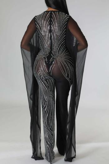 Sparkling Rhinestone V-Neck Jumpsuit: Elegant Stretch Long Sleeve Evening Romper