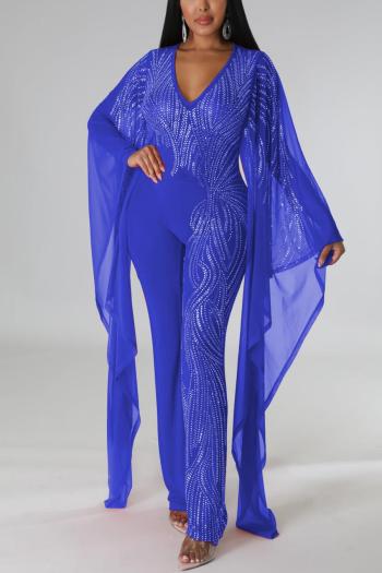 Sparkling Rhinestone V-Neck Jumpsuit: Elegant Stretch Long Sleeve Evening Romper