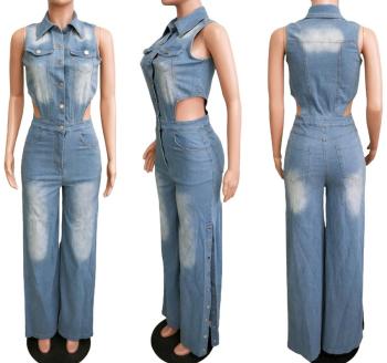 Chic Plus Size Stretch Denim Jumpsuit with Hollow Lapel & Button Details