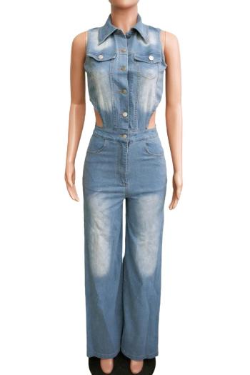 Chic Plus Size Stretch Denim Jumpsuit with Hollow Lapel & Button Details