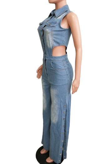 Chic Plus Size Stretch Denim Jumpsuit with Hollow Lapel & Button Details