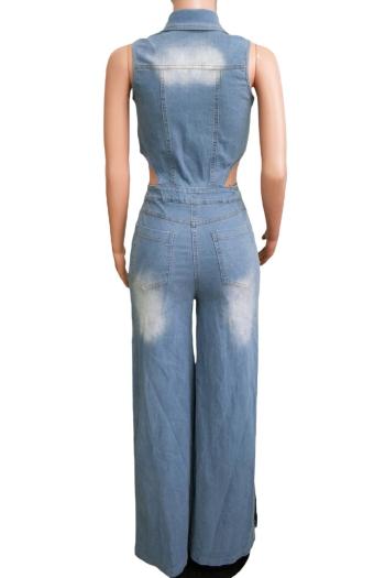 Chic Plus Size Stretch Denim Jumpsuit with Hollow Lapel & Button Details