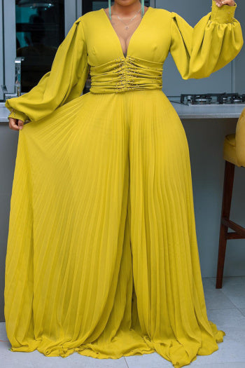 Elegant Plus Size Pearl V-Neck Pleated Jumpsuit: Loose Fit, Four Colors