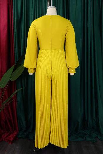 Elegant Plus Size Pearl V-Neck Pleated Jumpsuit: Loose Fit, Four Colors