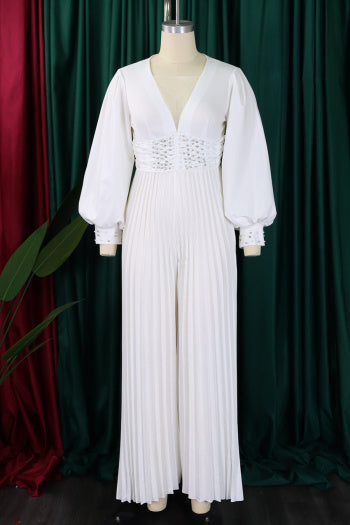 Elegant Plus Size Pearl V-Neck Pleated Jumpsuit: Loose Fit, Four Colors