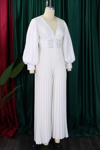 Elegant Plus Size Pearl V-Neck Pleated Jumpsuit: Loose Fit, Four Colors