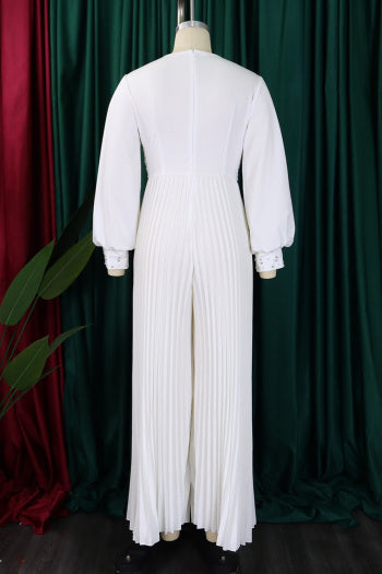 Elegant Plus Size Pearl V-Neck Pleated Jumpsuit: Loose Fit, Four Colors