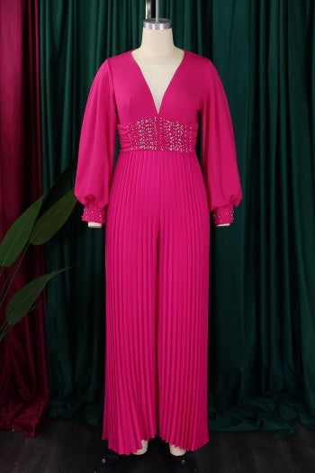 Elegant Plus Size Pearl V-Neck Pleated Jumpsuit: Loose Fit, Four Colors