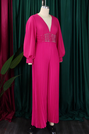 Elegant Plus Size Pearl V-Neck Pleated Jumpsuit: Loose Fit, Four Colors