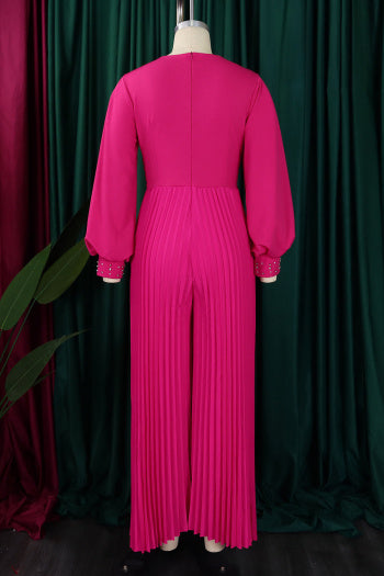 Elegant Plus Size Pearl V-Neck Pleated Jumpsuit: Loose Fit, Four Colors
