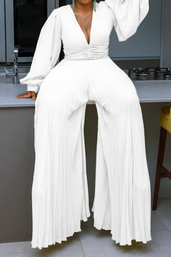 Elegant Plus Size Pearl V-Neck Pleated Jumpsuit: Loose Fit, Four Colors