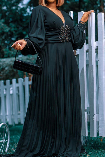 Elegant Plus Size Pearl V-Neck Pleated Jumpsuit: Loose Fit, Four Colors