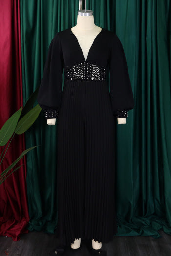 Elegant Plus Size Pearl V-Neck Pleated Jumpsuit: Loose Fit, Four Colors