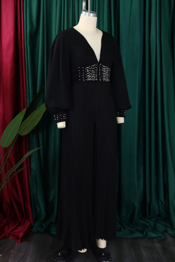 Elegant Plus Size Pearl V-Neck Pleated Jumpsuit: Loose Fit, Four Colors