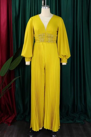 Elegant Plus Size Pearl V-Neck Pleated Jumpsuit: Loose Fit, Four Colors