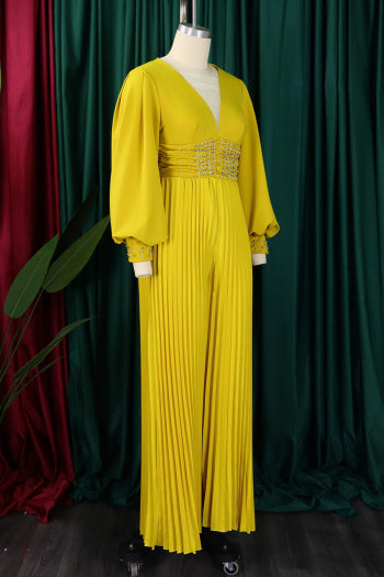 Elegant Plus Size Pearl V-Neck Pleated Jumpsuit: Loose Fit, Four Colors