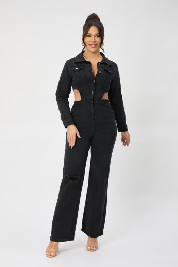 Chic Plus Size Denim Jumpsuit: Stretch, Single-Breasted, Hollow Waist Design
