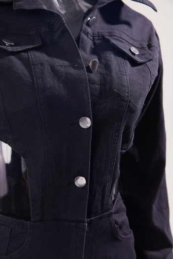 Chic Plus Size Denim Jumpsuit: Stretch, Single-Breasted, Hollow Waist Design