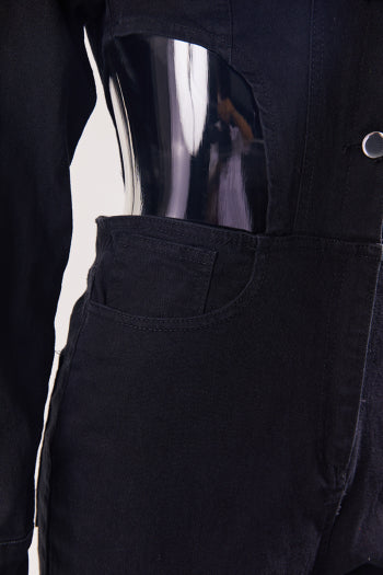 Chic Plus Size Denim Jumpsuit: Stretch, Single-Breasted, Hollow Waist Design