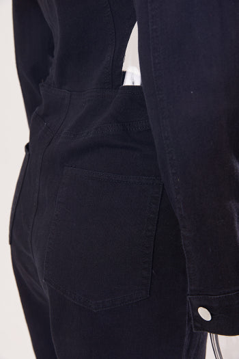 Chic Plus Size Denim Jumpsuit: Stretch, Single-Breasted, Hollow Waist Design