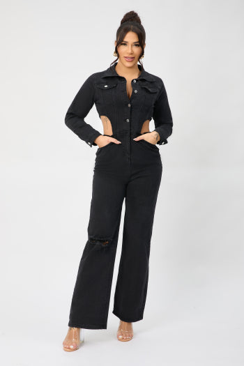 Black Cut-Out Denim Jumpsuit with Long Sleeves image 2