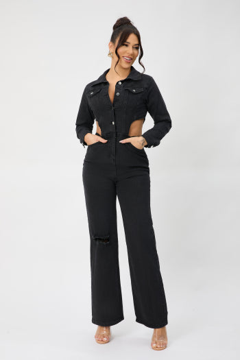 Chic Plus Size Denim Jumpsuit: Stretch, Single-Breasted, Hollow Waist Design
