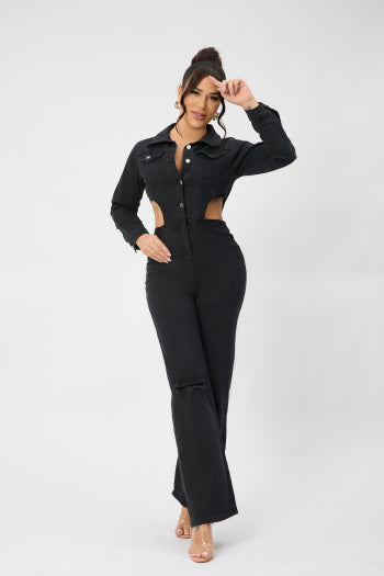 Chic Plus Size Denim Jumpsuit: Stretch, Single-Breasted, Hollow Waist Design
