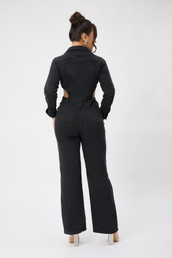 Chic Plus Size Denim Jumpsuit: Stretch, Single-Breasted, Hollow Waist Design
