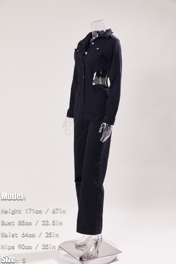 Chic Plus Size Denim Jumpsuit: Stretch, Single-Breasted, Hollow Waist Design