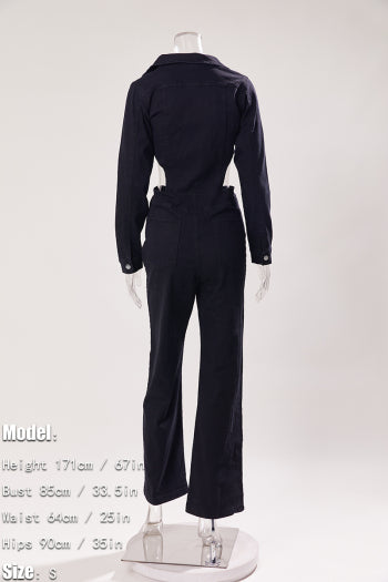 Chic Plus Size Denim Jumpsuit: Stretch, Single-Breasted, Hollow Waist Design