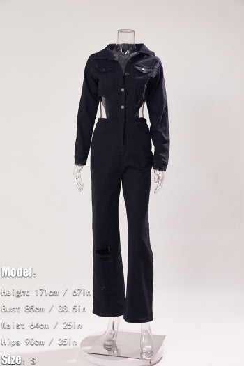 Chic Plus Size Denim Jumpsuit: Stretch, Single-Breasted, Hollow Waist Design