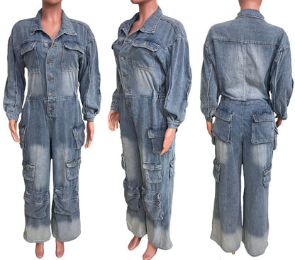 Denim Cargo Ruffle Sleeve Jumpsuit (Belt not included)