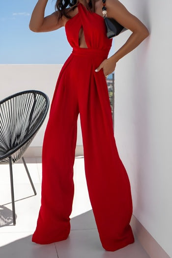 Stylish Plus Size Non-Stretch Halter-Neck Jumpsuit