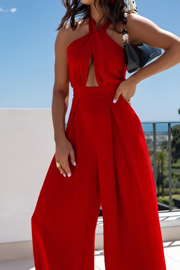 Stylish Plus Size Non-Stretch Halter-Neck Jumpsuit