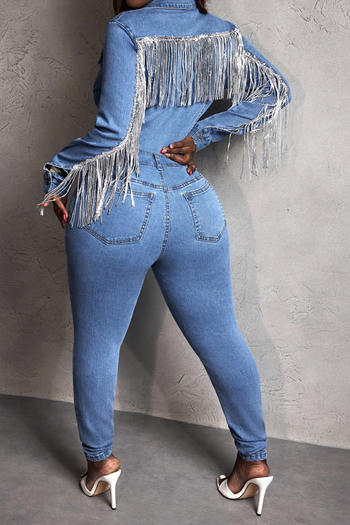 Chic Plus Size Denim Jumpsuit: Sequin Tassel Long Sleeve, Non-Stretch Style
