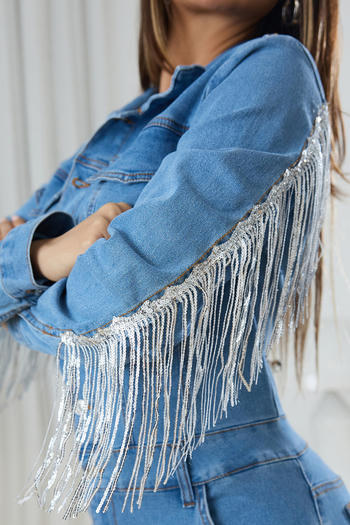 Chic Plus Size Denim Jumpsuit: Sequin Tassel Long Sleeve, Non-Stretch Style